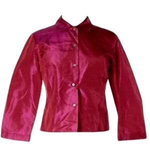 Silk Vintage Ann Taylor Fuchsia Bracelet Sleeve Cropped Shirt Jacket Pink Blouse
